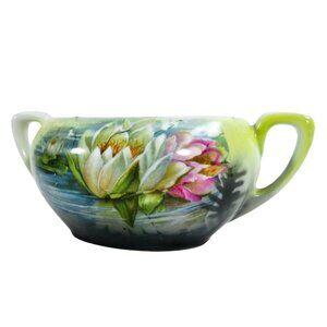 Vintage RS Germany Porcelain Sugar Bowl No Lid White & Pink Water Lilies